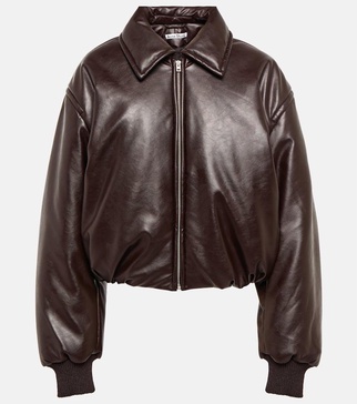 Brown Padded Faux-Leather Bomber Jacket