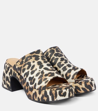 Leopard-print satin platform mules