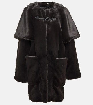 Leather-trimmed faux fur coat