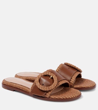 Marbella leather-trimmed raffia slides