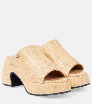 Butterfly raffia platform mules