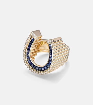 Horseshoe 18kt gold ring with diamonds and sapphires