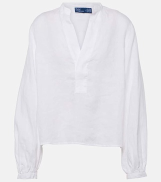 Puff-sleeve linen blouse