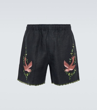 Rosefinch embroidered linen Bermuda shorts