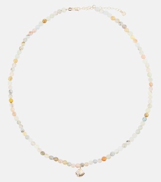 Clam Shell Small 14kt gold necklace with diamonds and morganite