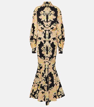 Printed cotton-blend maxi shirt dress