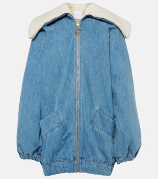 Denim and faux shearling bomber jacket