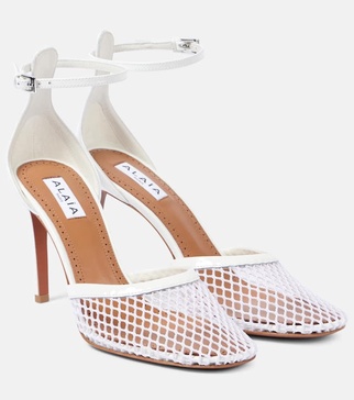 Leather-trimmed mesh pumps