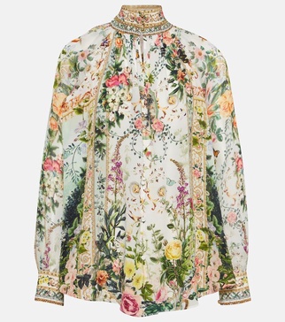 Floral high-neck silk crêpe blouse