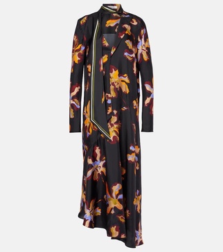 Asymmetric printed silk twill midi dress