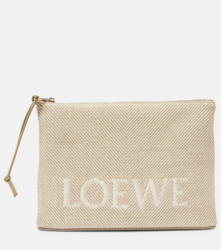 Oblong leather-trimmed jacquard pouch