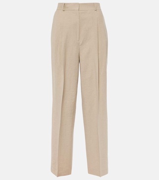 Pleated linen-blend straight pants