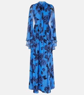 Tie-neck floral silk voile gown