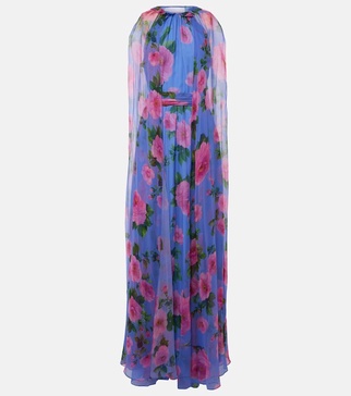 Floral caped halterneck silk gown