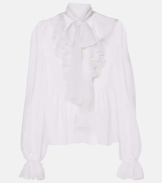 Ruffled tie-neck silk blouse 