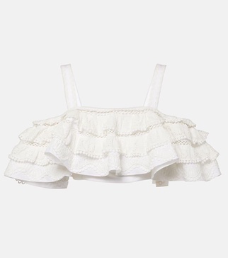 Embroidered ruffled cotton crop top