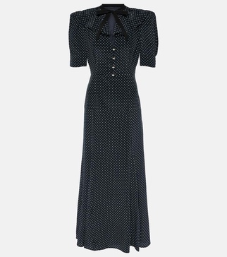 Polka-dot puff-sleeve silk midi dress