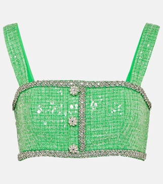 Embellished sequined bouclé crop top