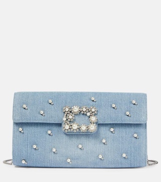 Embellished denim clutch bag