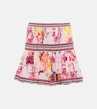 Smocked floral silk miniskirt