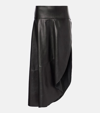 Asymmetric leather midi skirt