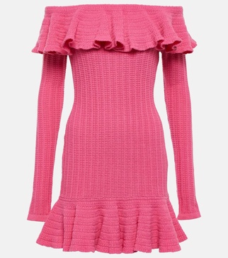 Off-shoulder ruffled wool minidress