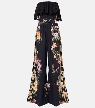 Floral ruffled strapless cotton jumpsuit