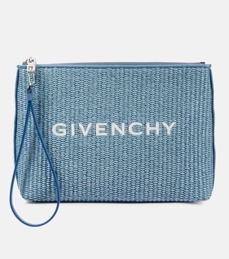 Logo embroidered raffia-effect pouch