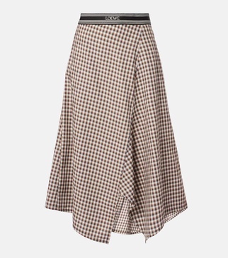 Asymmetric checked cotton midi skirt