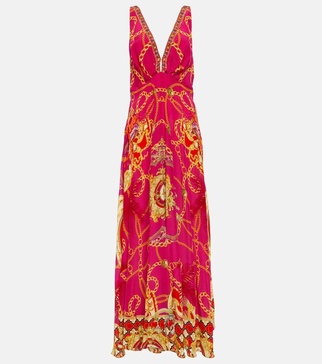 V-neck printed silk maxi dress