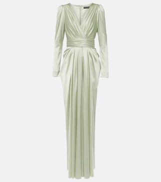 Gathered front-slit silk-blend gown