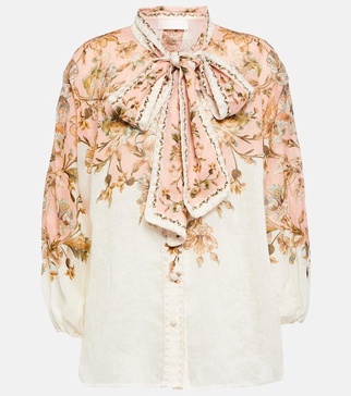 Chintz floral tie-neck ramie blouse