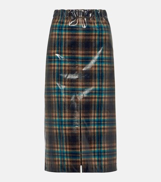 Checked coated wool midi skirt