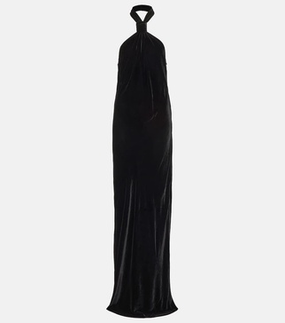 Halterneck velvet maxi dress