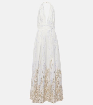 Embroidered halterneck cotton-blend gown