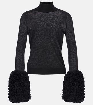 Faux fur-trimmed wool turtleneck top