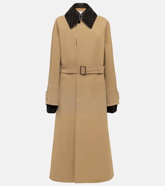 Leather-trimmed cotton-blend trench coat