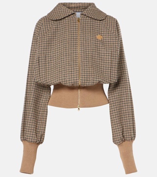 Houndstooth wool-blend flannel bomber jacket