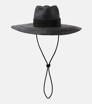 Leather-trimmed straw sun hat