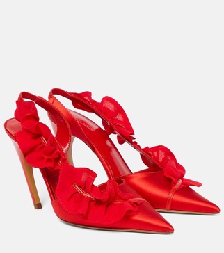 Ruffle-trimmed satin slingback pumps 