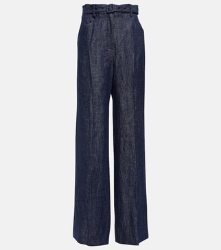 Belted high-rise wide-leg linen pants