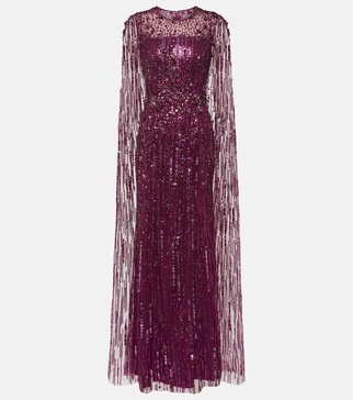 Ruby caped sequined gown