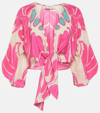 Printed puff-sleeve silk blouse