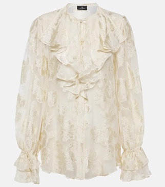 Ruffled floral silk-crepon blouse