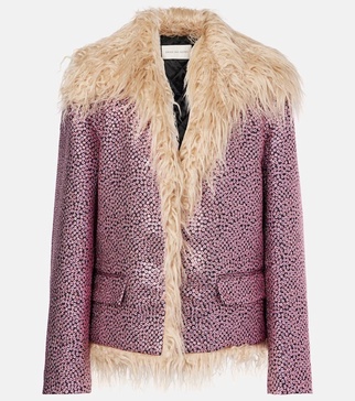 Faux fur-trimmed embellished jacket