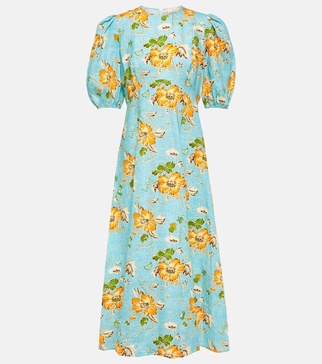 Floral puff-sleeve linen midi dress