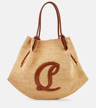 By My Side leather-trimmed raffia tote bag