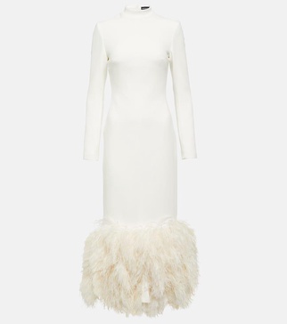 Bridal feather-trimmed cady midi dress