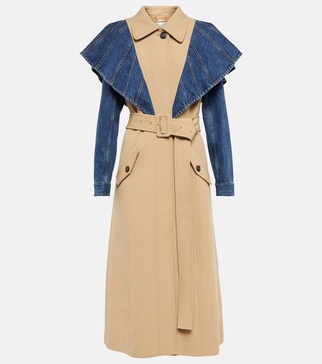 Denim-paneled twill trench coat