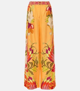 Floral silk satin wide-leg pants